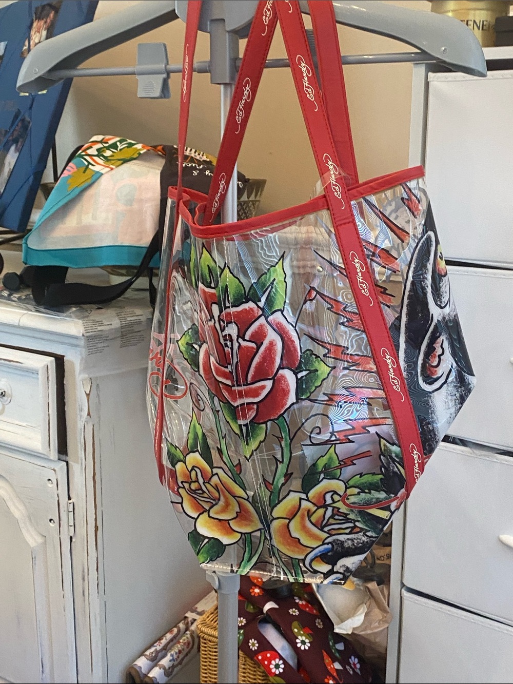 Ed Hardy Clear Tote with Red Rose Artwork